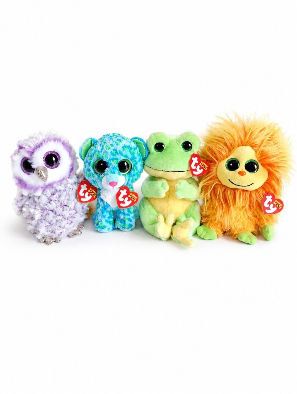 Ty Beanie Boos Lot of 4 Owl Leopard Frog Frizzys Monster Plush Stuffed Animals